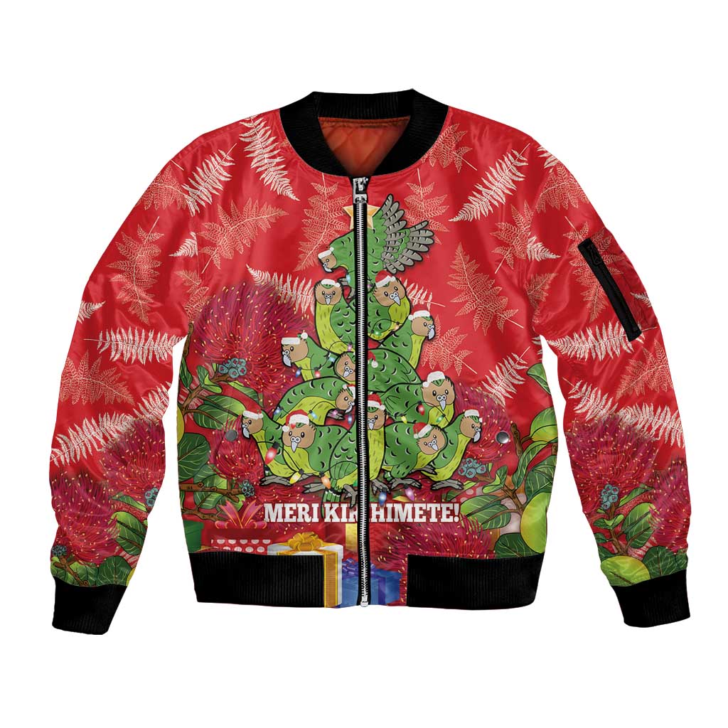 Kakapo New Zealand Christmas Sleeve Zip Bomber Jacket Meri Kirihimete Pohutukawa - Red Color LT14 Unisex Red - Polynesian Pride