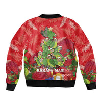 Kakapo New Zealand Christmas Sleeve Zip Bomber Jacket Meri Kirihimete Pohutukawa - Red Color LT14 - Polynesian Pride