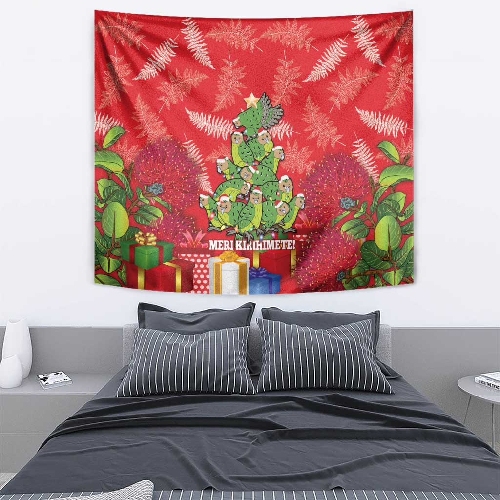 Kakapo New Zealand Christmas Tapestry Meri Kirihimete Pohutukawa - Red Color LT14 - Polynesian Pride