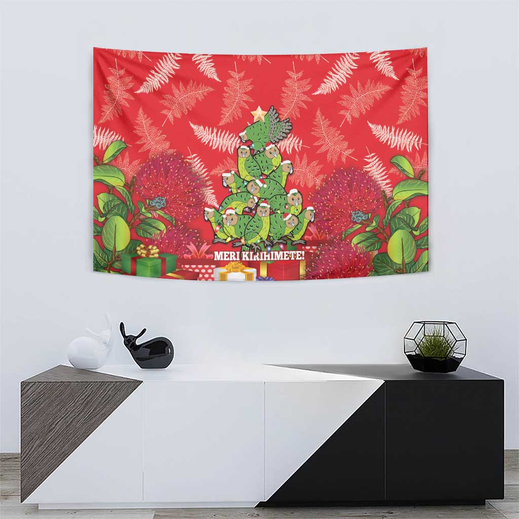 Kakapo New Zealand Christmas Tapestry Meri Kirihimete Pohutukawa - Red Color LT14 - Polynesian Pride