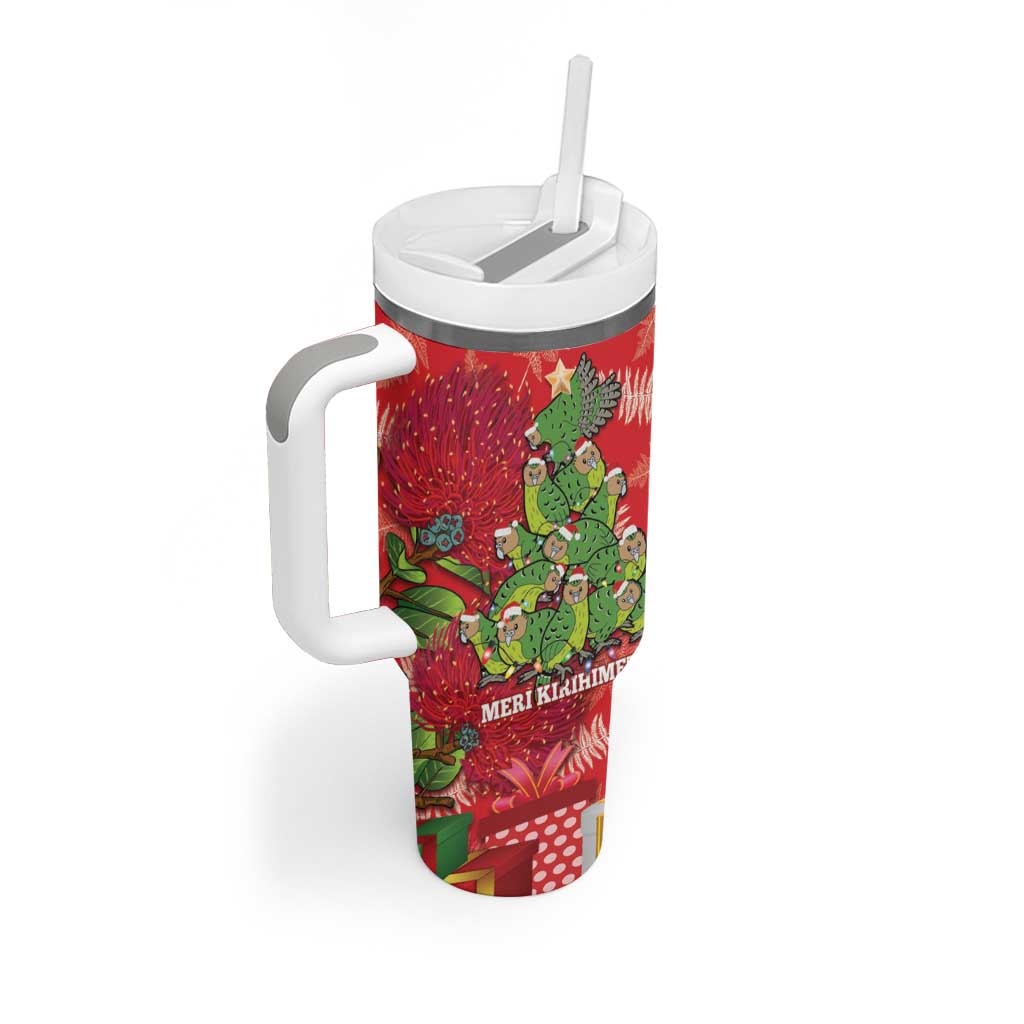 Kakapo New Zealand Christmas Tumbler With Handle Meri Kirihimete Pohutukawa - Red Color LT14 - Polynesian Pride