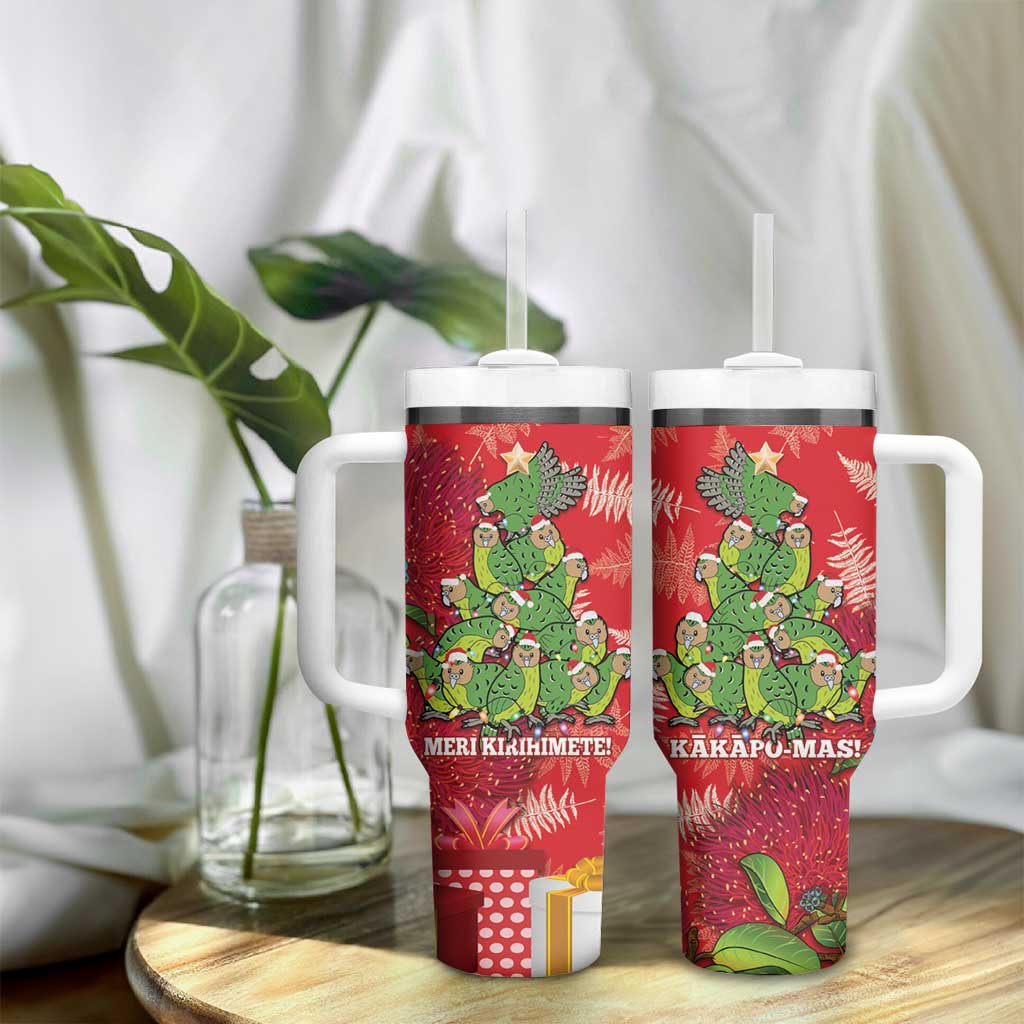 Kakapo New Zealand Christmas Tumbler With Handle Meri Kirihimete Pohutukawa - Red Color LT14 - Polynesian Pride