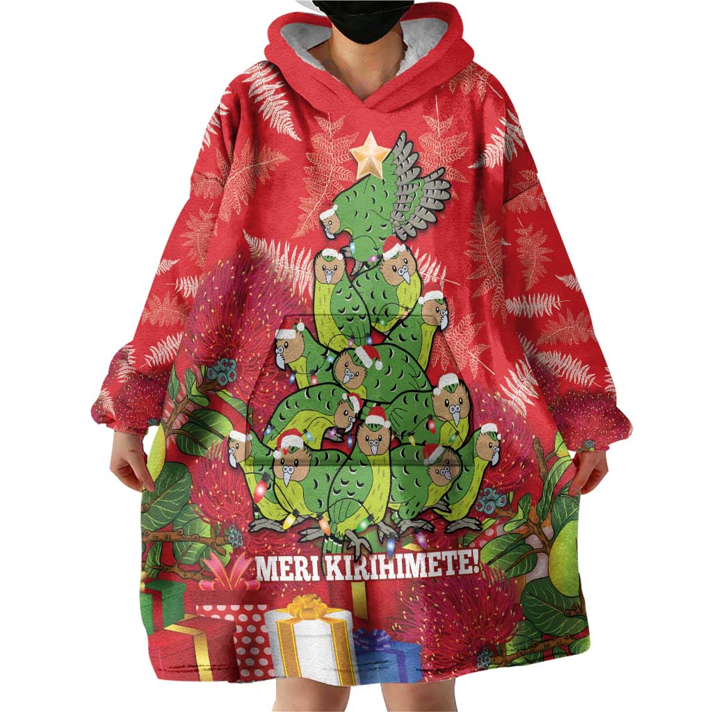 Kakapo New Zealand Christmas Wearable Blanket Hoodie Meri Kirihimete Pohutukawa - Red Color LT14 - Polynesian Pride