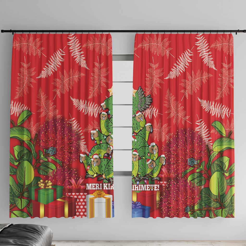 Kakapo New Zealand Christmas Window Curtain Meri Kirihimete Pohutukawa - Red Color LT14 With Hooks Red - Polynesian Pride