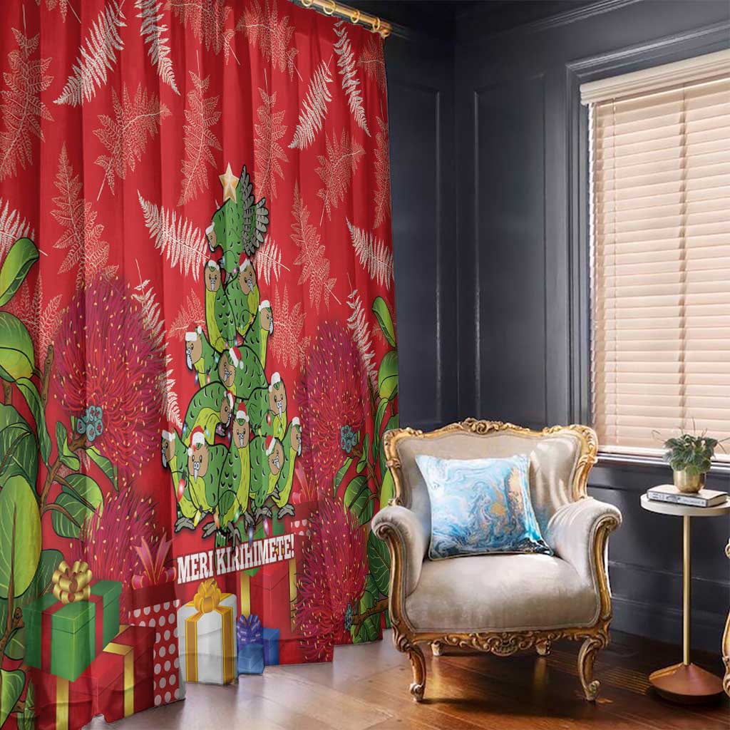 Kakapo New Zealand Christmas Window Curtain Meri Kirihimete Pohutukawa - Red Color LT14 - Polynesian Pride
