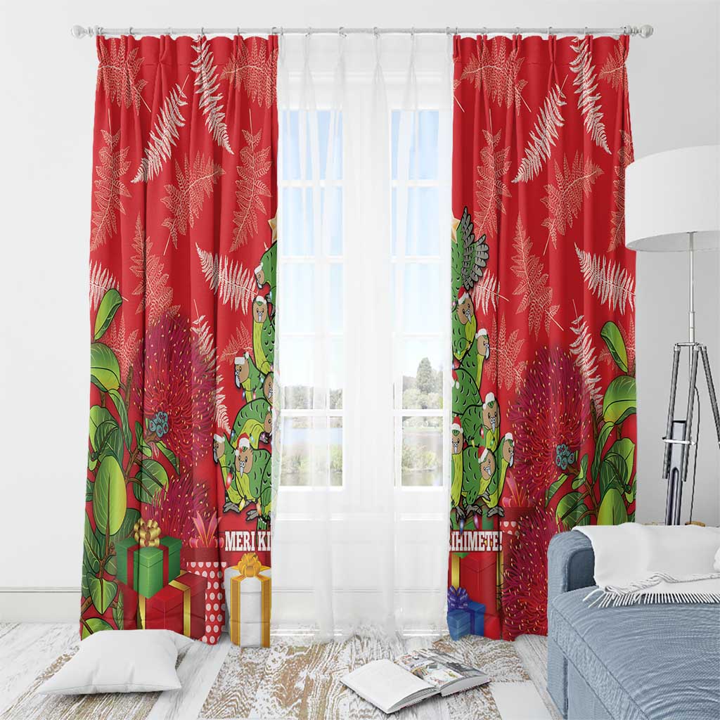 Kakapo New Zealand Christmas Window Curtain Meri Kirihimete Pohutukawa - Red Color LT14 - Polynesian Pride