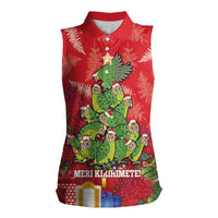 Kakapo New Zealand Christmas Women Sleeveless Polo Shirt Meri Kirihimete Pohutukawa - Red Color LT14 Female Red - Polynesian Pride