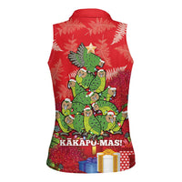 Kakapo New Zealand Christmas Women Sleeveless Polo Shirt Meri Kirihimete Pohutukawa - Red Color LT14 - Polynesian Pride