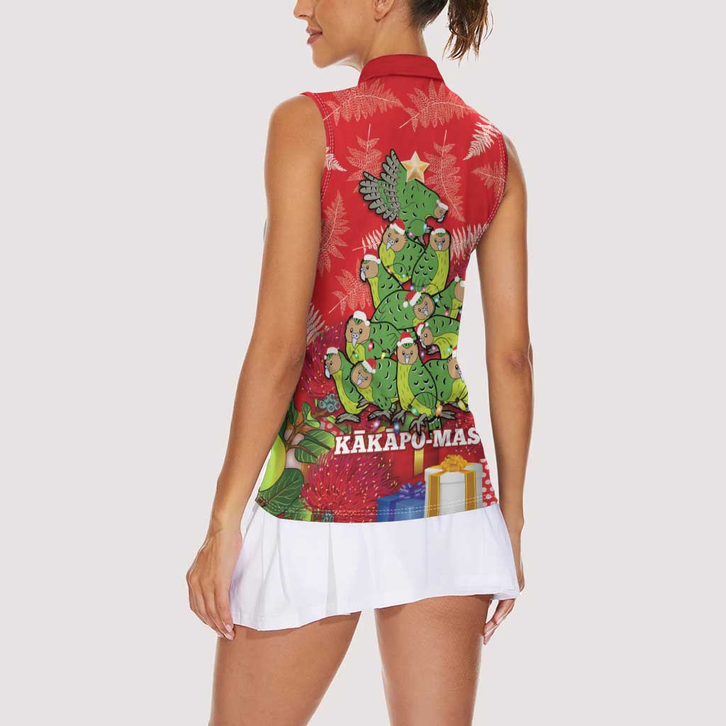 Kakapo New Zealand Christmas Women Sleeveless Polo Shirt Meri Kirihimete Pohutukawa - Red Color LT14 - Polynesian Pride