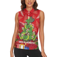 Kakapo New Zealand Christmas Women Sleeveless Polo Shirt Meri Kirihimete Pohutukawa - Red Color LT14 - Polynesian Pride