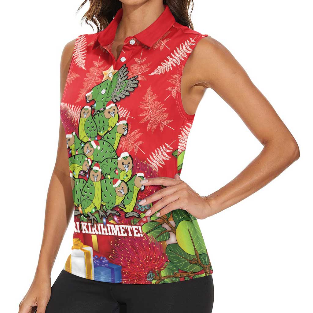 Kakapo New Zealand Christmas Women Sleeveless Polo Shirt Meri Kirihimete Pohutukawa - Red Color LT14 - Polynesian Pride