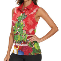 Kakapo New Zealand Christmas Women Sleeveless Polo Shirt Meri Kirihimete Pohutukawa - Red Color LT14 - Polynesian Pride