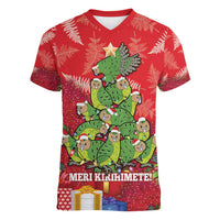Kakapo New Zealand Christmas Women V-Neck T-Shirt Meri Kirihimete Pohutukawa - Red Color LT14 Female Red - Polynesian Pride