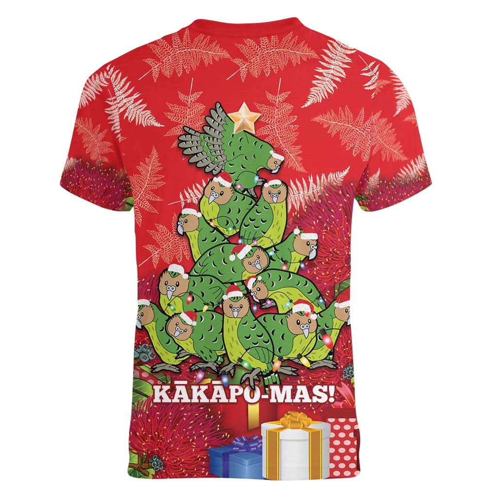 Kakapo New Zealand Christmas Women V-Neck T-Shirt Meri Kirihimete Pohutukawa - Red Color LT14 - Polynesian Pride