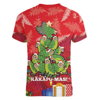 Kakapo New Zealand Christmas Women V-Neck T-Shirt Meri Kirihimete Pohutukawa - Red Color LT14 - Polynesian Pride