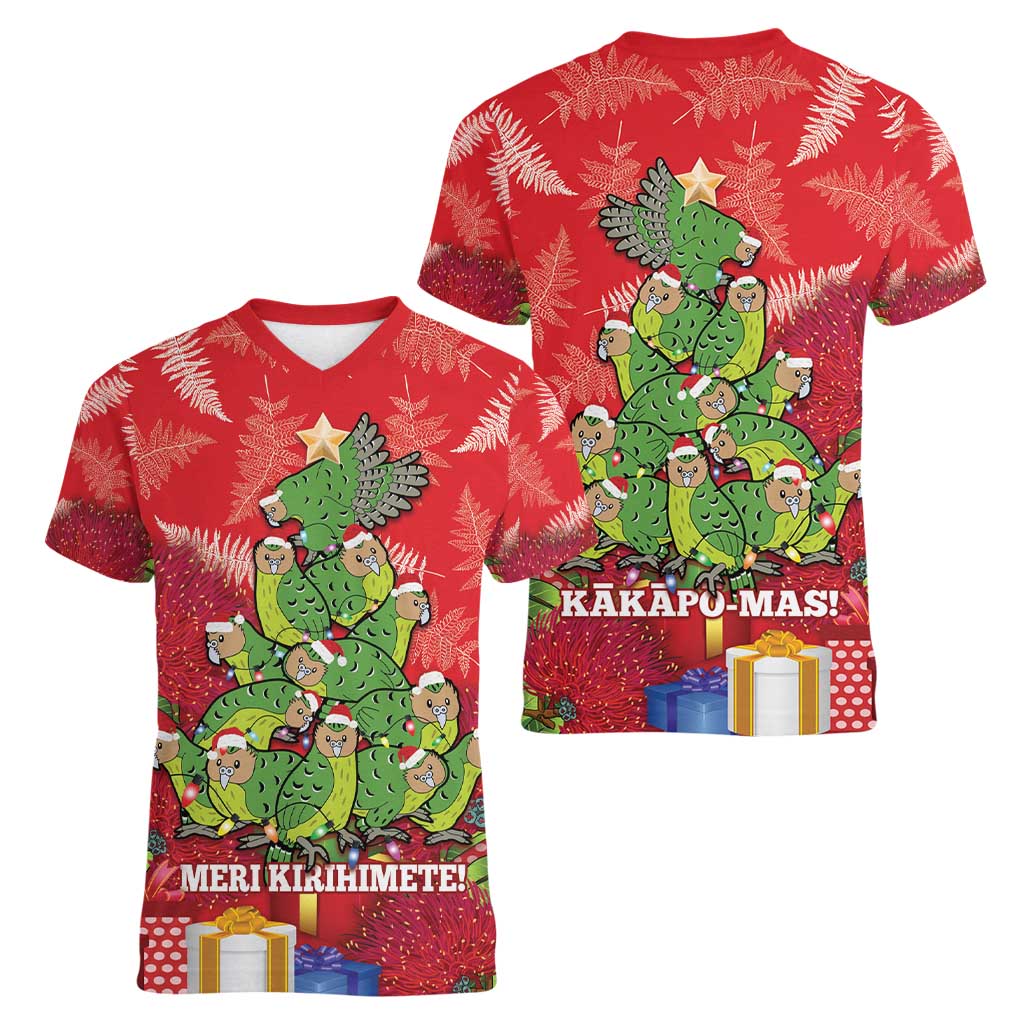 Kakapo New Zealand Christmas Women V-Neck T-Shirt Meri Kirihimete Pohutukawa - Red Color LT14 - Polynesian Pride