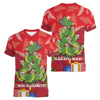Kakapo New Zealand Christmas Women V-Neck T-Shirt Meri Kirihimete Pohutukawa - Red Color LT14 - Polynesian Pride