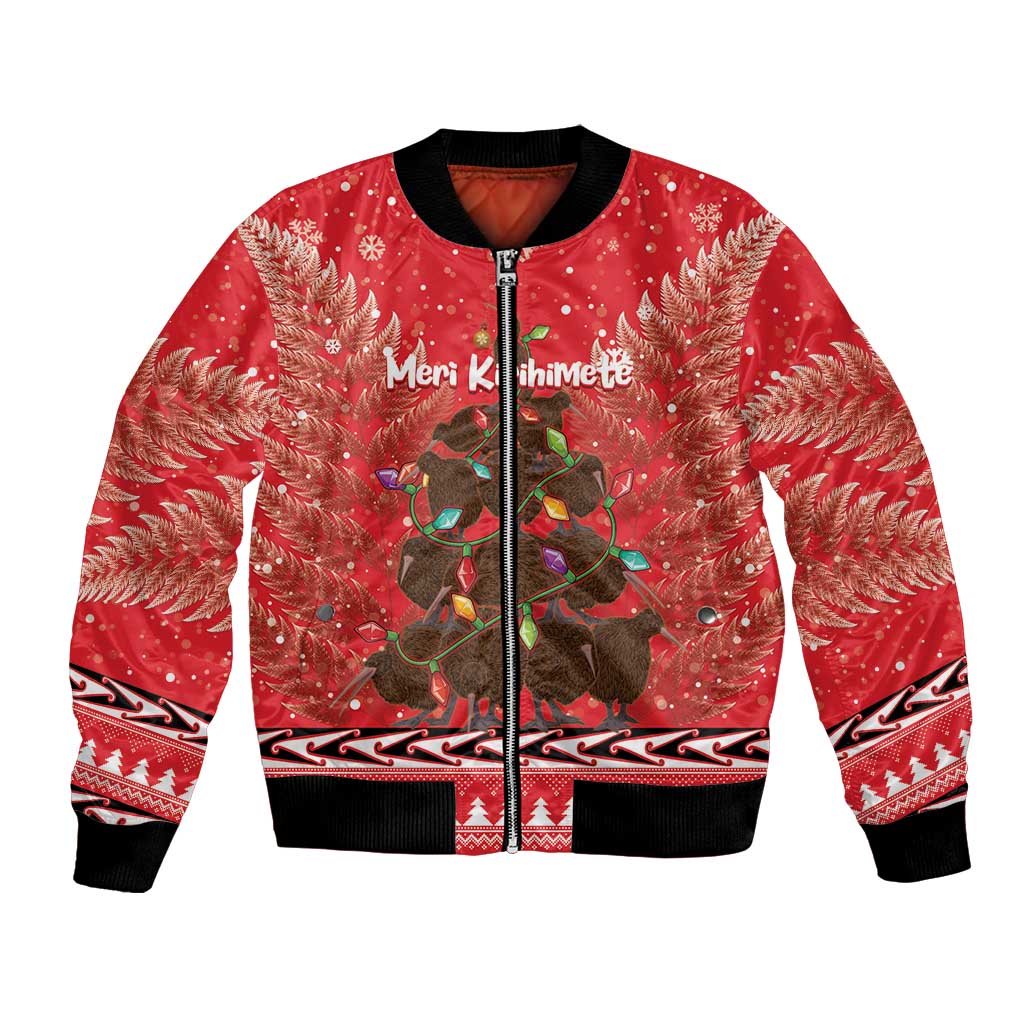 Kiwi New Zealand Christmas Bomber Jacket Meri Kirihimete Silver Fern - Red Color LT14 Unisex Red - Polynesian Pride