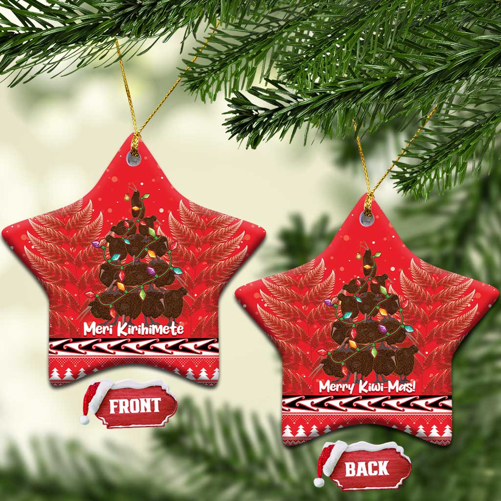 Kiwi New Zealand Christmas Ceramic Ornament Meri Kirihimete Silver Fern - Red Color LT14 Star Red - Polynesian Pride