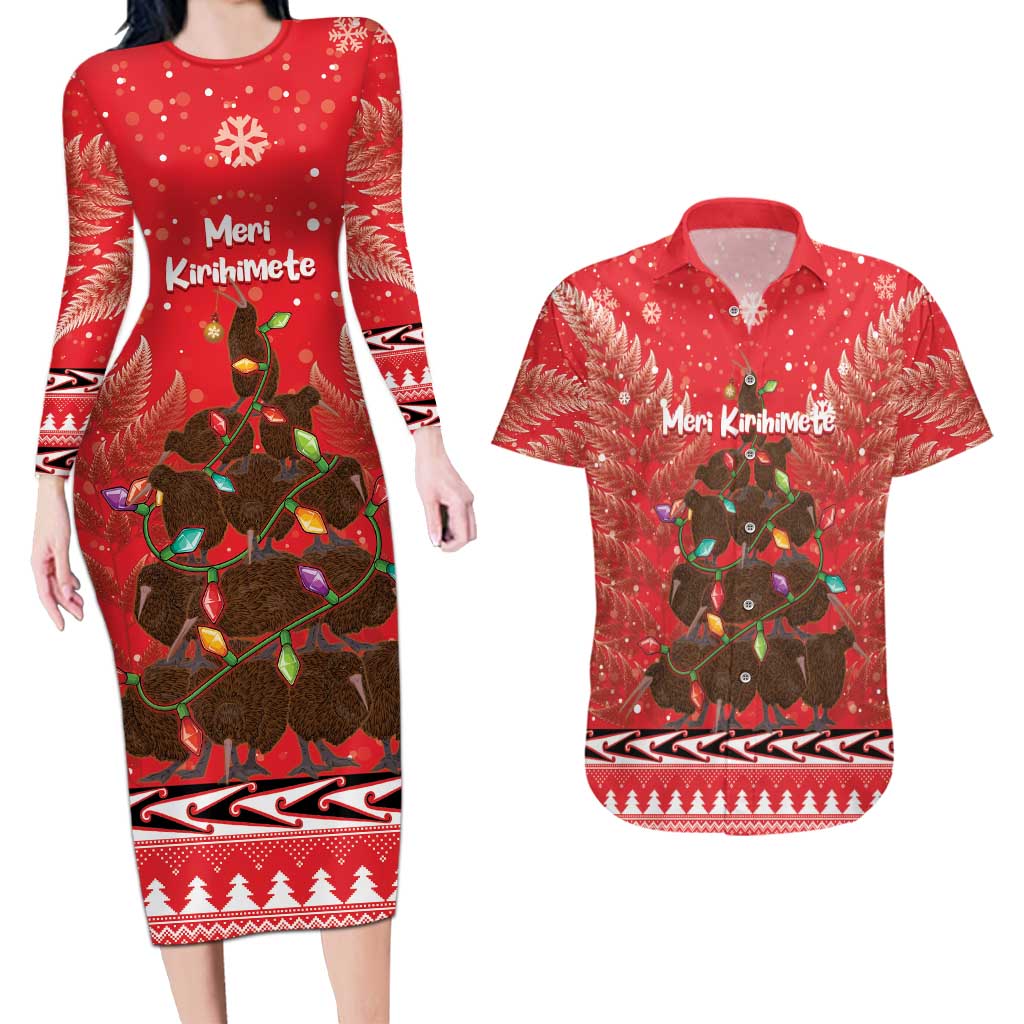 Kiwi New Zealand Christmas Couples Matching Long Sleeve Bodycon Dress and Hawaiian Shirt Meri Kirihimete Silver Fern - Red Color LT14 Red - Polynesian Pride