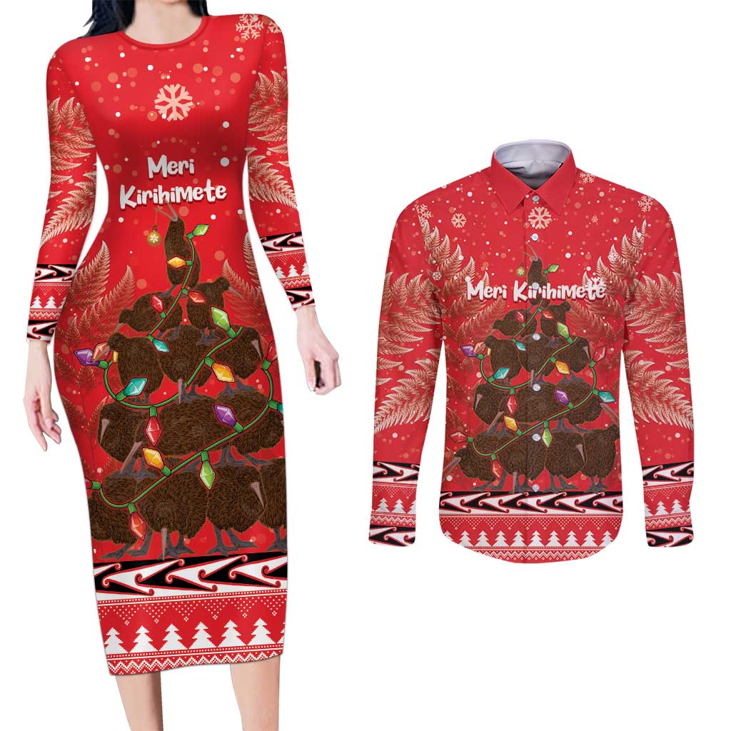 Kiwi New Zealand Christmas Couples Matching Long Sleeve Bodycon Dress and Long Sleeve Button Shirt Meri Kirihimete Silver Fern - Red Color LT14 Red - Polynesian Pride