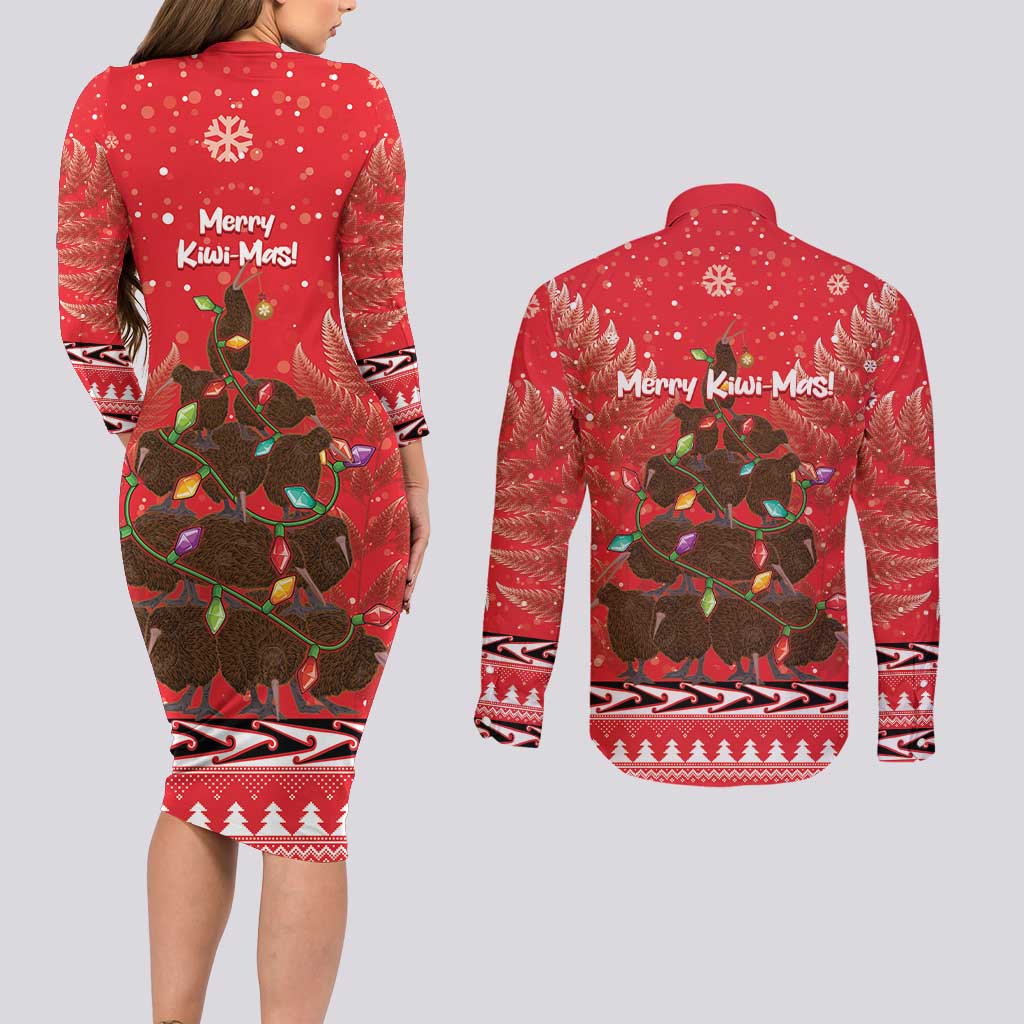 Kiwi New Zealand Christmas Couples Matching Long Sleeve Bodycon Dress and Long Sleeve Button Shirt Meri Kirihimete Silver Fern - Red Color LT14 - Polynesian Pride
