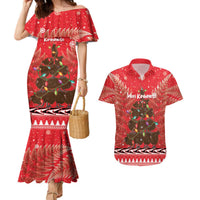 Kiwi New Zealand Christmas Couples Matching Mermaid Dress and Hawaiian Shirt Meri Kirihimete Silver Fern - Red Color LT14 Red - Polynesian Pride