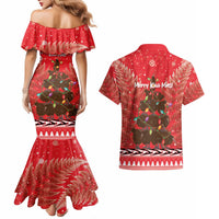 Kiwi New Zealand Christmas Couples Matching Mermaid Dress and Hawaiian Shirt Meri Kirihimete Silver Fern - Red Color LT14 - Polynesian Pride