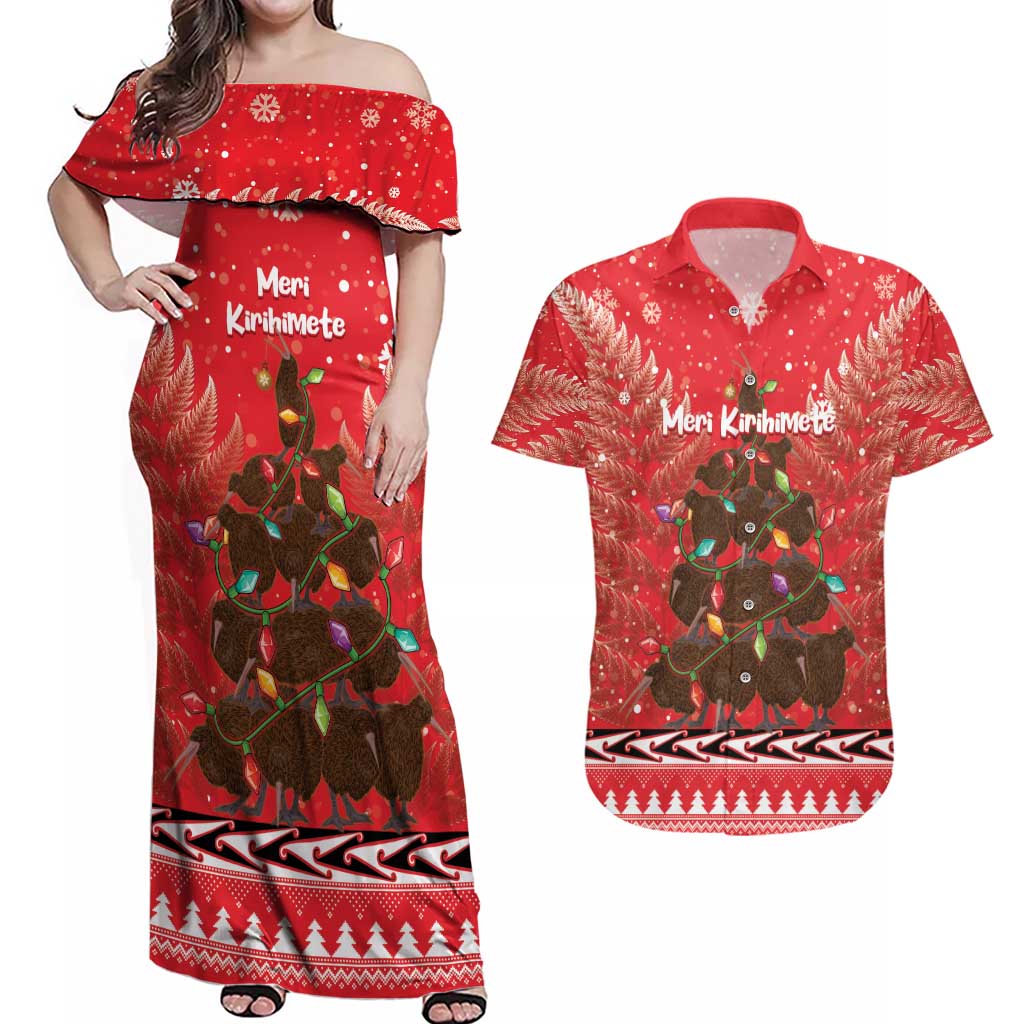 Kiwi New Zealand Christmas Couples Matching Off Shoulder Maxi Dress and Hawaiian Shirt Meri Kirihimete Silver Fern - Red Color LT14 Red - Polynesian Pride