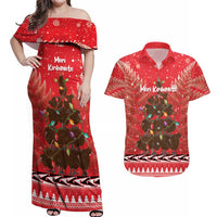 Kiwi New Zealand Christmas Couples Matching Off Shoulder Maxi Dress and Hawaiian Shirt Meri Kirihimete Silver Fern - Red Color LT14 Red - Polynesian Pride