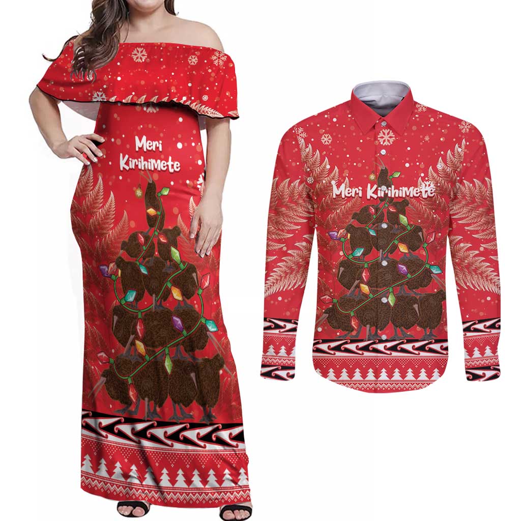 Kiwi New Zealand Christmas Couples Matching Off Shoulder Maxi Dress and Long Sleeve Button Shirt Meri Kirihimete Silver Fern - Red Color LT14 Red - Polynesian Pride