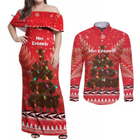 Kiwi New Zealand Christmas Couples Matching Off Shoulder Maxi Dress and Long Sleeve Button Shirt Meri Kirihimete Silver Fern - Red Color LT14 Red - Polynesian Pride