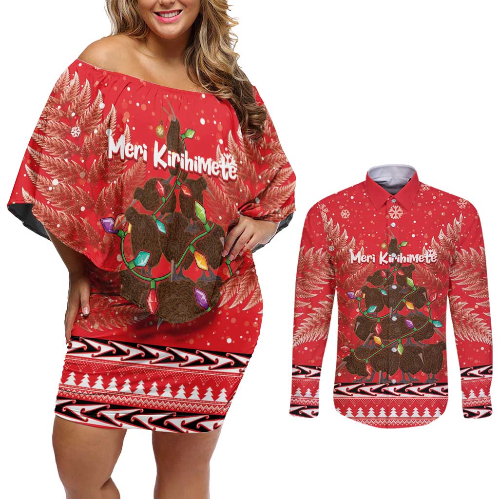 Kiwi New Zealand Christmas Couples Matching Off Shoulder Short Dress and Long Sleeve Button Shirt Meri Kirihimete Silver Fern - Red Color LT14 Red - Polynesian Pride