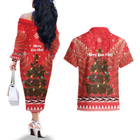 Kiwi New Zealand Christmas Couples Matching Off The Shoulder Long Sleeve Dress and Hawaiian Shirt Meri Kirihimete Silver Fern - Red Color LT14 - Polynesian Pride