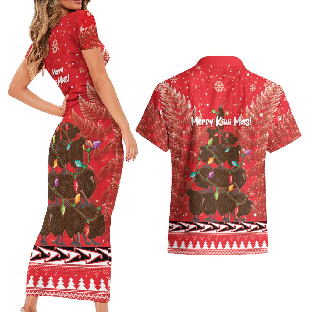 Kiwi New Zealand Christmas Couples Matching Short Sleeve Bodycon Dress and Hawaiian Shirt Meri Kirihimete Silver Fern - Red Color LT14 - Polynesian Pride
