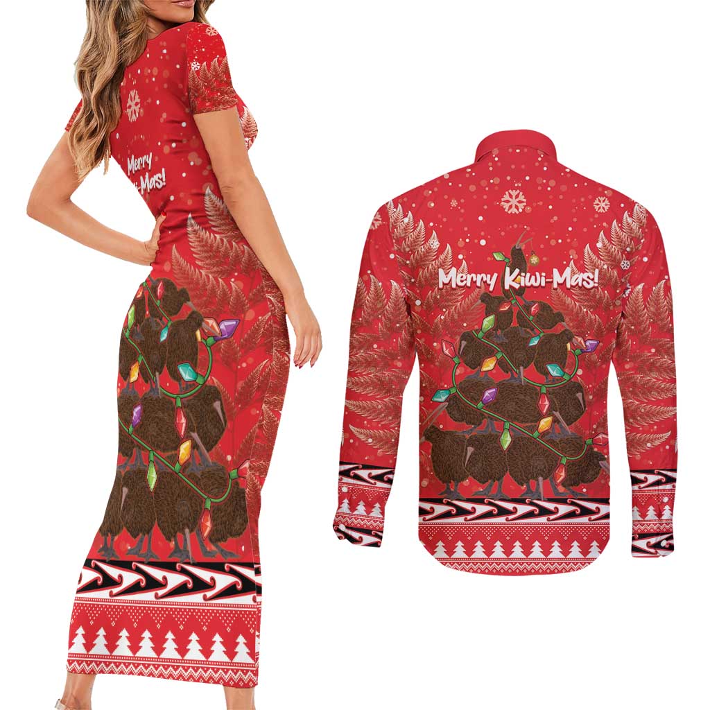 Kiwi New Zealand Christmas Couples Matching Short Sleeve Bodycon Dress and Long Sleeve Button Shirt Meri Kirihimete Silver Fern - Red Color LT14 - Polynesian Pride