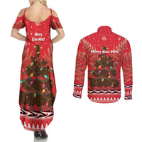 Kiwi New Zealand Christmas Couples Matching Summer Maxi Dress and Long Sleeve Button Shirt Meri Kirihimete Silver Fern - Red Color LT14 - Polynesian Pride