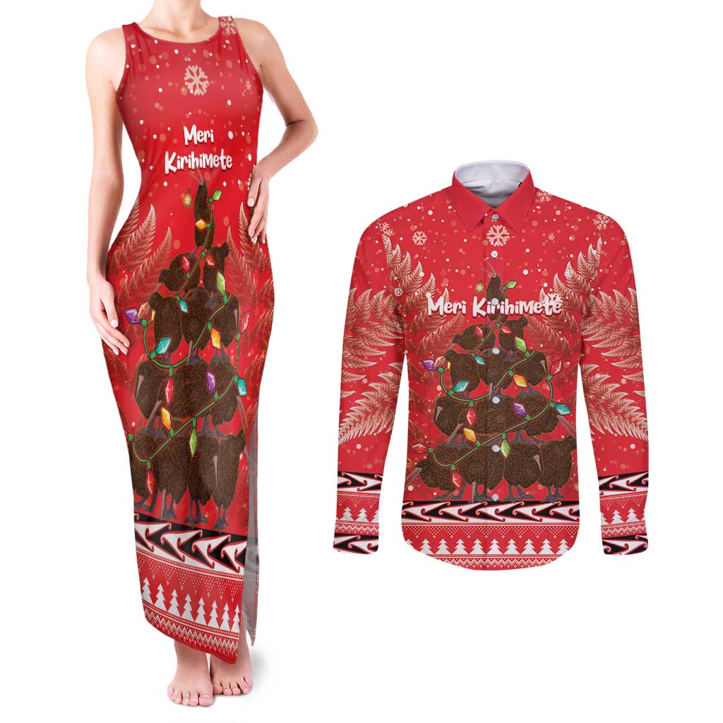 Kiwi New Zealand Christmas Couples Matching Tank Maxi Dress and Long Sleeve Button Shirt Meri Kirihimete Silver Fern - Red Color LT14 Red - Polynesian Pride