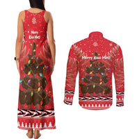 Kiwi New Zealand Christmas Couples Matching Tank Maxi Dress and Long Sleeve Button Shirt Meri Kirihimete Silver Fern - Red Color LT14 - Polynesian Pride