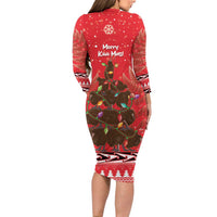 Kiwi New Zealand Christmas Family Matching Long Sleeve Bodycon Dress and Hawaiian Shirt Meri Kirihimete Silver Fern - Red Color LT14 - Polynesian Pride