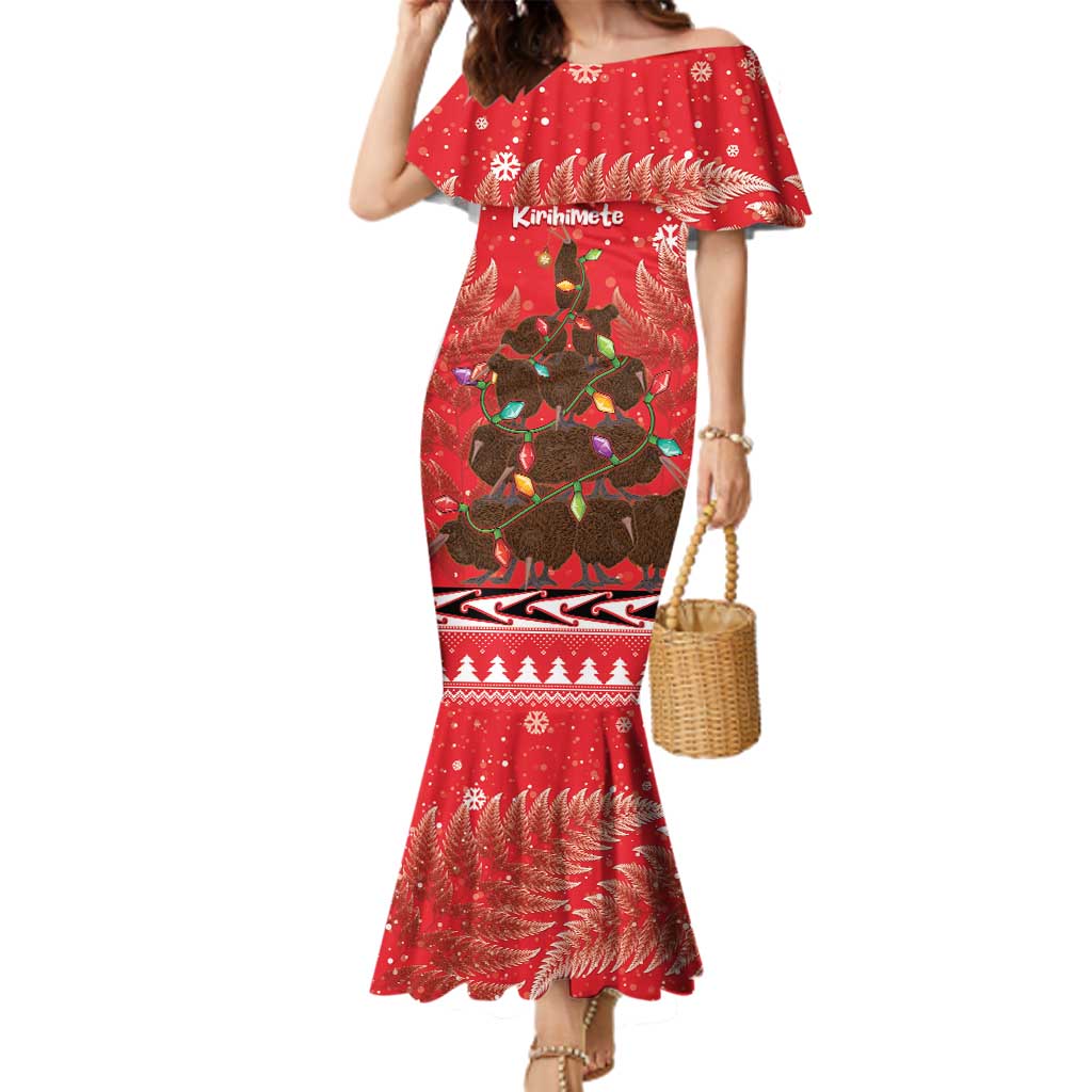 Kiwi New Zealand Christmas Family Matching Mermaid Dress and Hawaiian Shirt Meri Kirihimete Silver Fern - Red Color LT14 Mom's Dress Red - Polynesian Pride