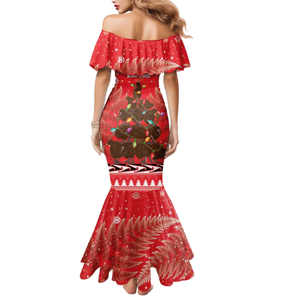 Kiwi New Zealand Christmas Family Matching Mermaid Dress and Hawaiian Shirt Meri Kirihimete Silver Fern - Red Color LT14 - Polynesian Pride