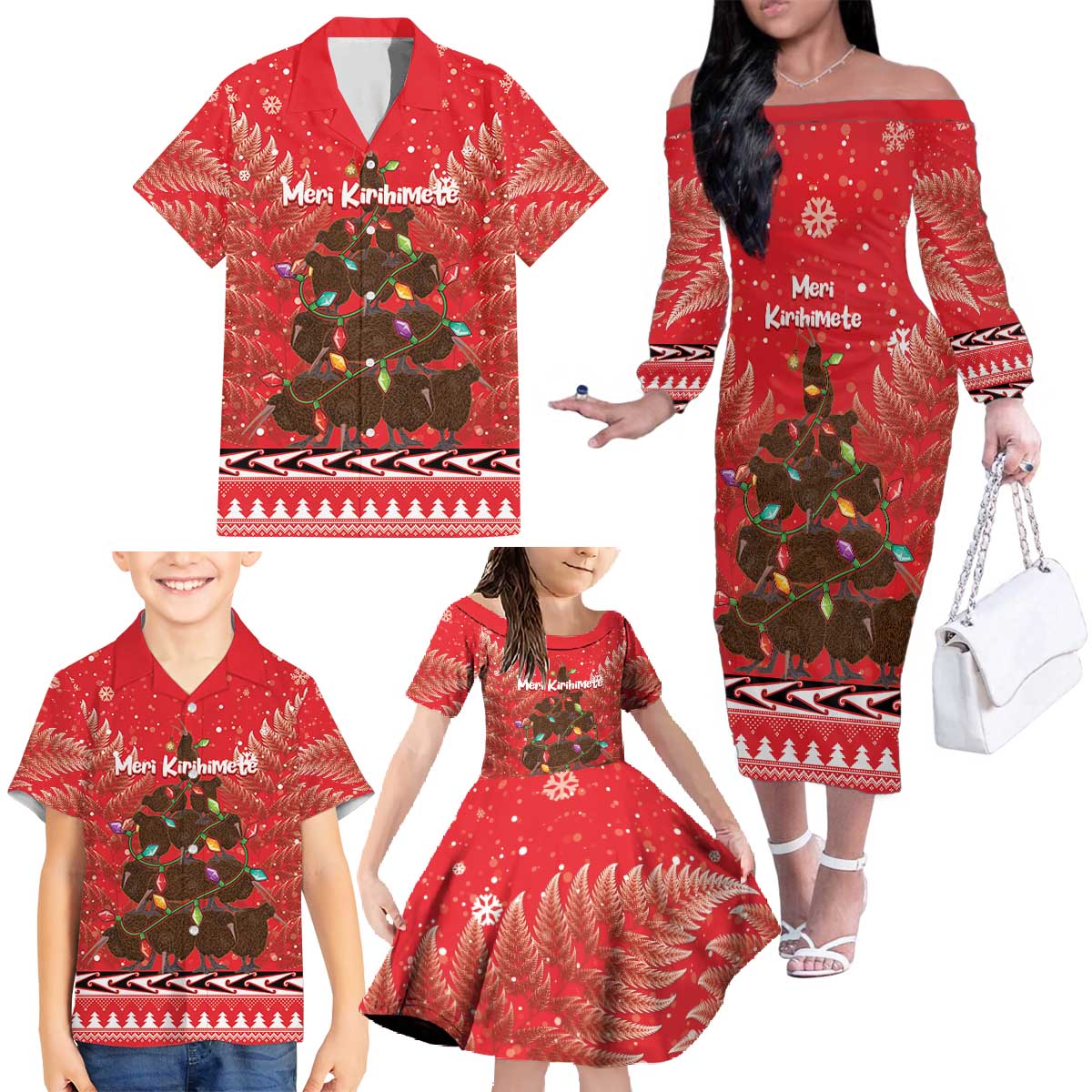 Kiwi New Zealand Christmas Family Matching Off The Shoulder Long Sleeve Dress and Hawaiian Shirt Meri Kirihimete Silver Fern - Red Color LT14 - Polynesian Pride