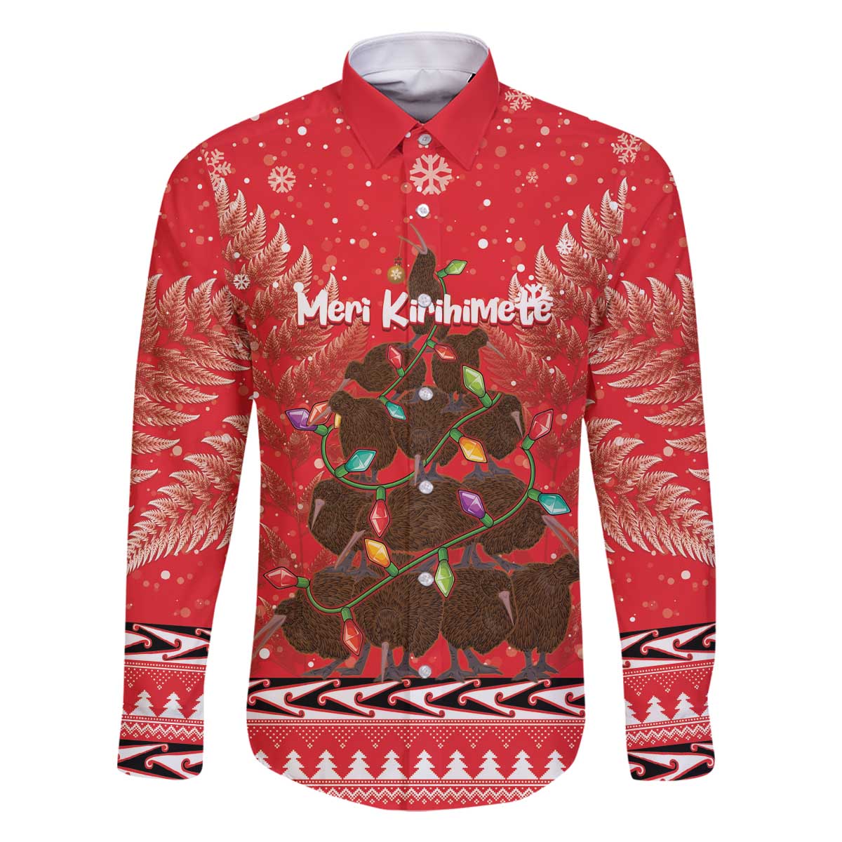 Kiwi New Zealand Christmas Family Matching Off The Shoulder Long Sleeve Dress and Hawaiian Shirt Meri Kirihimete Silver Fern - Red Color LT14 Dad's Shirt - Long Sleeve Red - Polynesian Pride