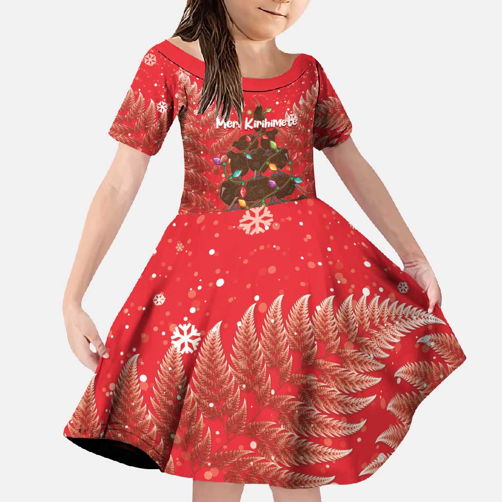 Kiwi New Zealand Christmas Family Matching Off Shoulder Maxi Dress and Hawaiian Shirt Meri Kirihimete Silver Fern - Red Color LT14 Daughter's Dress Red - Polynesian Pride