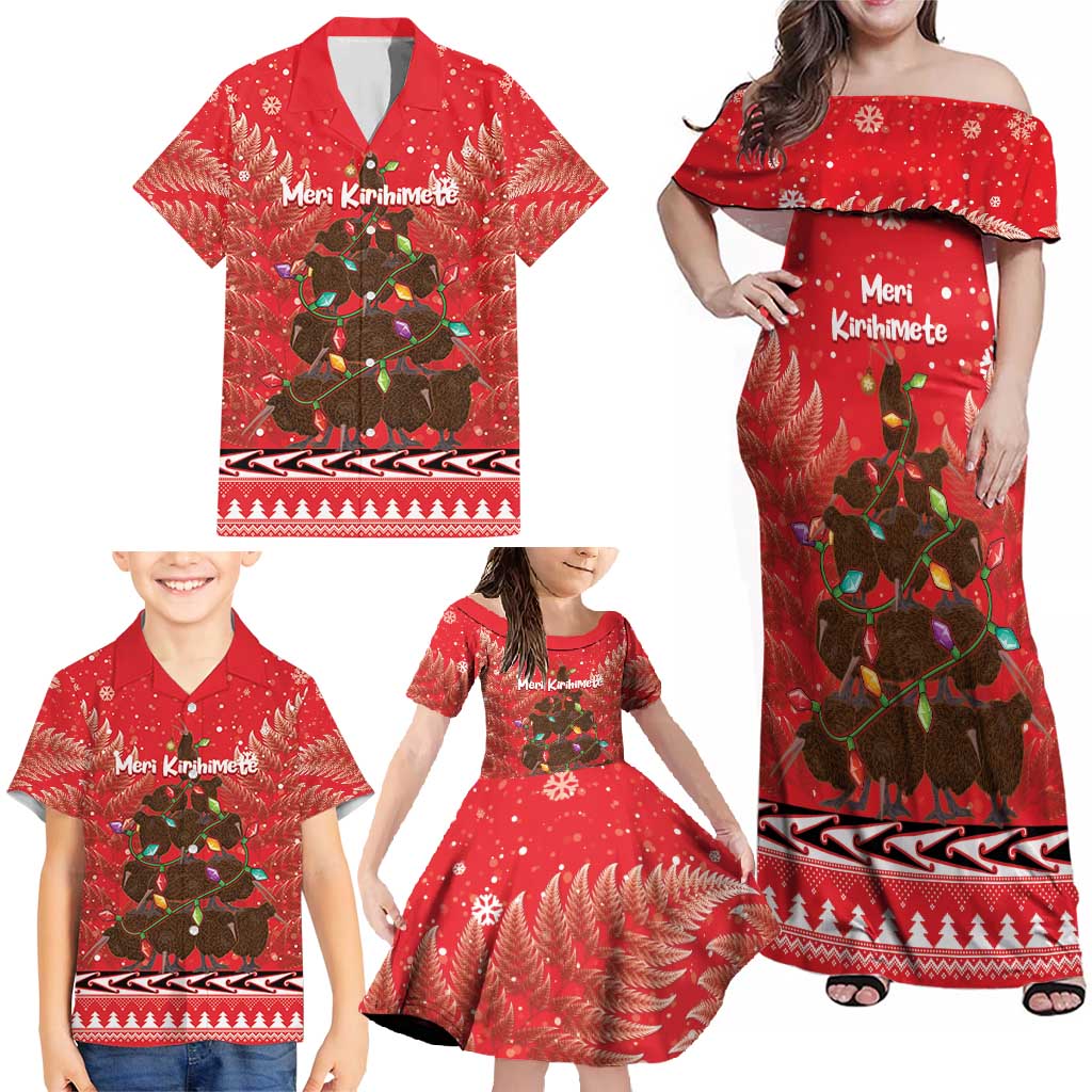 Kiwi New Zealand Christmas Family Matching Off Shoulder Maxi Dress and Hawaiian Shirt Meri Kirihimete Silver Fern - Red Color LT14 - Polynesian Pride