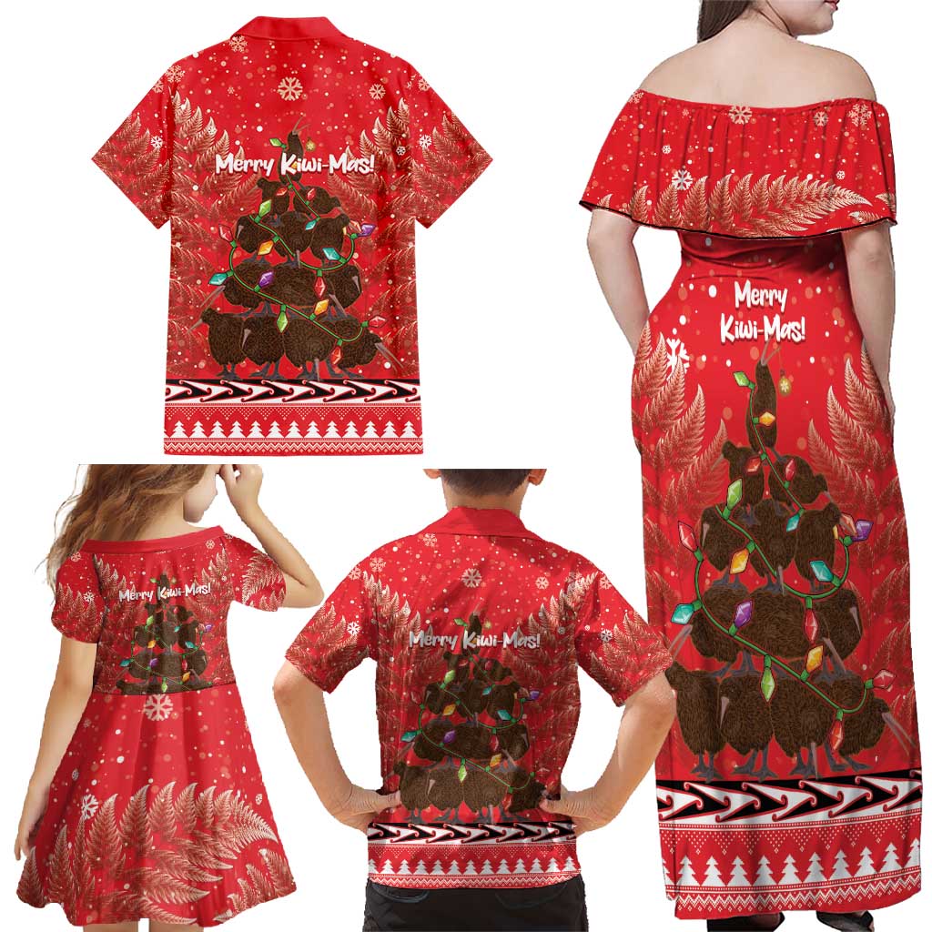Kiwi New Zealand Christmas Family Matching Off Shoulder Maxi Dress and Hawaiian Shirt Meri Kirihimete Silver Fern - Red Color LT14 - Polynesian Pride