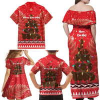 Kiwi New Zealand Christmas Family Matching Off Shoulder Maxi Dress and Hawaiian Shirt Meri Kirihimete Silver Fern - Red Color LT14 - Polynesian Pride