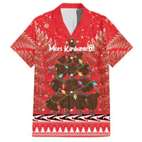 Kiwi New Zealand Christmas Family Matching Off Shoulder Maxi Dress and Hawaiian Shirt Meri Kirihimete Silver Fern - Red Color LT14 Dad's Shirt - Short Sleeve Red - Polynesian Pride