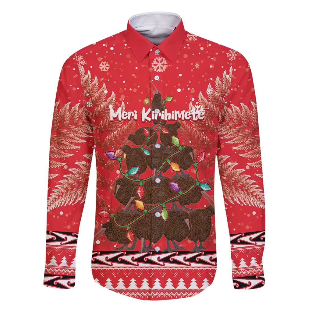 Kiwi New Zealand Christmas Family Matching Off Shoulder Maxi Dress and Hawaiian Shirt Meri Kirihimete Silver Fern - Red Color LT14 Dad's Shirt - Long Sleeve Red - Polynesian Pride
